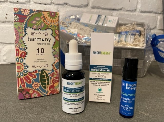 Tranquility is critical to maintaining your immune system. This basket with peppermint Bright Energy hemp extract with CBD, eucalyptus essential oil with CBD roll-on, and soothing herbal tea is truly The Antidote to cold and flu season, and just about anything that ails you. Keep these healing plant essentials in your medicine cabinet for whenever you need to address those winter bugs head on!